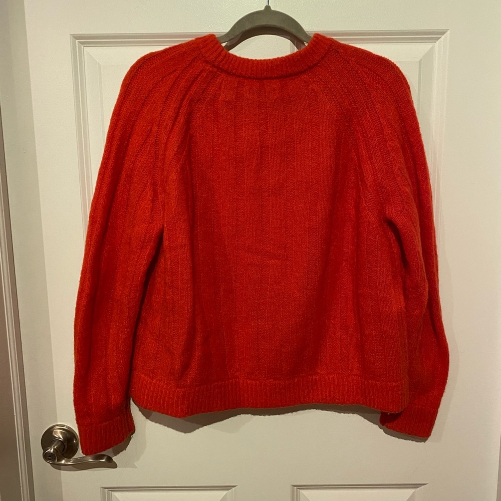 Orange/red knit sweater.
